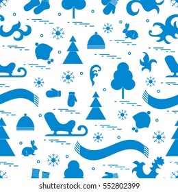Seamless pattern with variety winter elements:  sleigh, tree, scarf, hat, mittens, socks and other. Design for banner, flyer, poster or print.