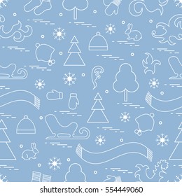 Seamless pattern with variety winter elements:  sleigh, tree, scarf, hat, mittens, socks and other. Design for banner, flyer, poster or print.