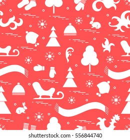 Seamless pattern with variety winter elements:  sleigh, tree, scarf, hat, mittens, socks and other. Design for banner, flyer, poster or print.