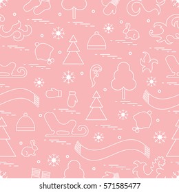 Seamless pattern with variety winter elements:  sleigh, tree, scarf, hat, mittens, socks and other. Design for banner, flyer, poster or print.
