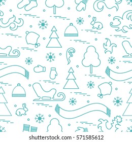Seamless pattern with variety winter elements:  sleigh, tree, scarf, hat, mittens, socks and other. Design for banner, flyer, poster or print.