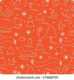 Seamless pattern with variety winter elements:  sleigh, tree, scarf, hat, mittens, socks and other. Design for banner, flyer, poster or print.