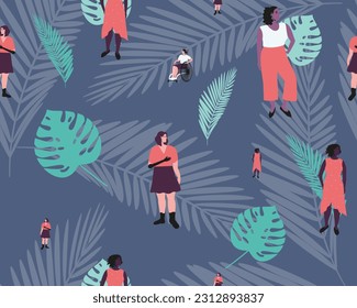 Seamless pattern with variety of women's disabilities and tropical leaves. flat vector stock illustration or texture for design