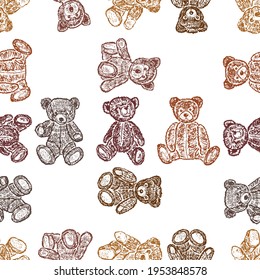 Patrón sin fisuras de varios osos de peluche antiguos dibujados


