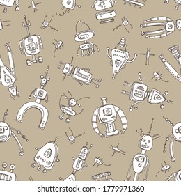 Seamless pattern with varios robots. signs and icons. Hand drawn vector doodles illustration.