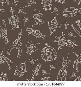Patrón sin problemas con varios robots. signos e iconos. Ilustración de doodles vectoriales dibujados a mano.