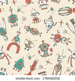 Seamless pattern with varios robots. signs and icons. Hand drawn vector doodles 