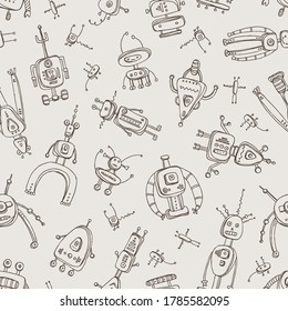Seamless pattern with varios robots. signs and icons. Hand drawn vector doodles 