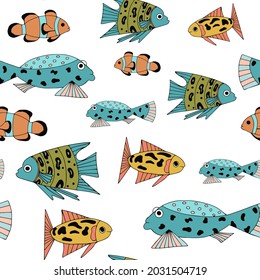 Seamless pattern with various abstract fish. Underwater sea world. For textiles, posters, or a print for children's clothing.