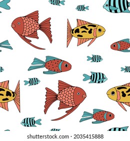 Seamless pattern with various abstract fish. Underwater sea world. For textiles, posters, or a print for children's clothing.