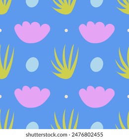 Seamless pattern with various abstract organic shapes and flowers. Vector flat background. Minimalist naive style art
