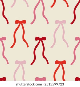 Seamless pattern with various abstract red and pink bows. Vector flat background of ribbons in retro style. Fashionable clipart for wedding, valentines day, birthday and other holidays. Coquette core