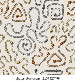 Seamless pattern with various abstract shapes of shiny metal chains and beads on light background. Golden, silver, black steel colors. Vector illustration for print, fabric, textile.