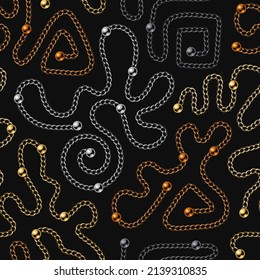Seamless pattern with various abstract shapes of shiny realistic metal chains and beads on black background. Golden, silver, black steel, bronze colors. Vector illustration for print, fabric, textile.