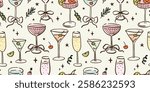 Seamless pattern with various alcohol drinks. Hand drawn ink vector illustration. Elements for poster, social media, banners, invitation. Trendy coquette core template.  