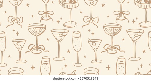 Seamless pattern with various alcohol drinks. Hand drawn ink vector illustration. Elements for poster, social media, banners, invitation. Trendy coquette core template.   