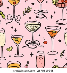 Seamless pattern with various alcohol drinks. Hand drawn ink vector illustration. Elements for poster, social media, banners, invitation. Trendy coquette core template.   