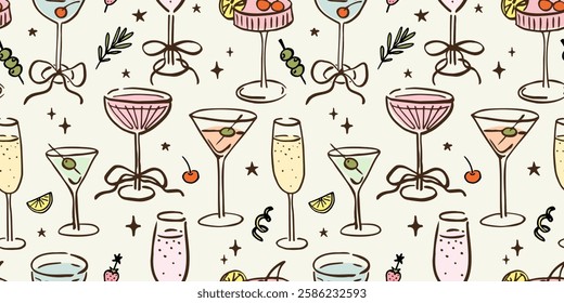 Seamless pattern with various alcohol drinks. Hand drawn ink vector illustration. Elements for poster, social media, banners, invitation. Trendy coquette core template.  