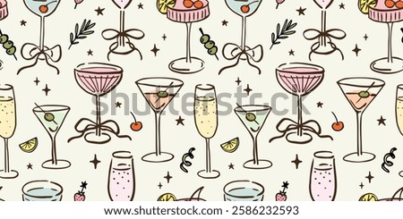Seamless pattern with various alcohol drinks. Hand drawn ink vector illustration. Elements for poster, social media, banners, invitation. Trendy coquette core template.  