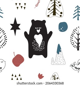 Seamless pattern. Various animals and natural elements in the Scandinavian style. 