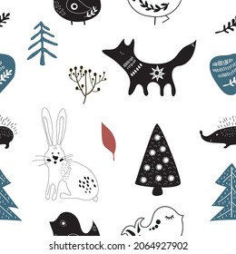 Seamless pattern. Various animals and natural elements in the Scandinavian style. 