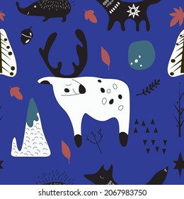 Seamless pattern. Various animals and natural elements in the Scandinavian style. 