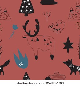 Seamless pattern. Various animals and natural elements in the Scandinavian style. 