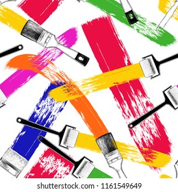 Seamless pattern with various art materials and strokes of paint on a white background.Hand-drawn colored vector texture.
