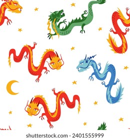 Seamless pattern with various asian dragons. Chinese lunar new year. Vector flat background