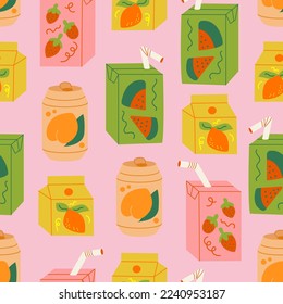 Seamless pattern with various asian drinks with different fruit flavors. Packets of juice, soda cans and milk boxes. Cute vector flat background svg