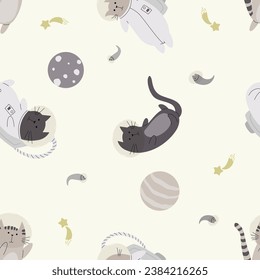 Seamless pattern with various astronaut cats in helmets, spacesuits playing among the stars in space. Vector illustration

