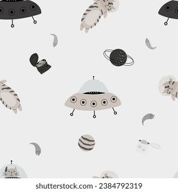 Seamless pattern with various astronaut cats in helmets, spacesuits playing among the stars in space. Vector illustration