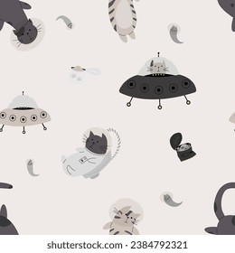 Seamless pattern with various astronaut cats in helmets, spacesuits playing among the stars in space. Vector illustration
