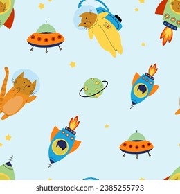 Seamless pattern with various astronaut cats in helmets, spacesuits, playing among the stars in space. Spaceships. Vector illustration