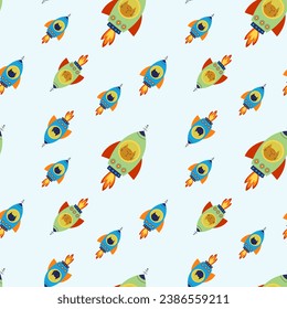 Seamless pattern with various astronaut cats in helmets, spacesuits, playing among the stars in space. Spaceships. Vector illustration