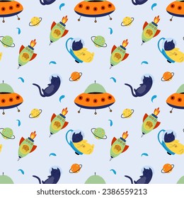 Seamless pattern with various astronaut cats in helmets, spacesuits, playing among the stars in space. Spaceships. Vector illustration