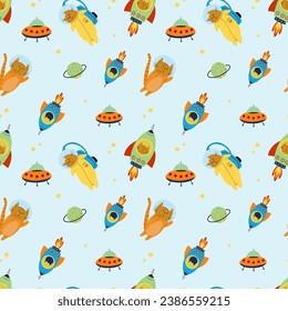 Seamless pattern with various astronaut cats in helmets, spacesuits, playing among the stars in space. Spaceships. Vector illustration