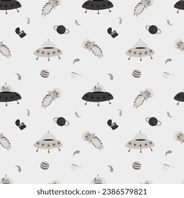 Seamless pattern with various astronaut cats in helmets, spacesuits playing among the stars in space. Vector illustration

