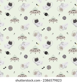Seamless pattern with various astronaut cats in helmets, spacesuits playing among the stars in space. Vector illustration
