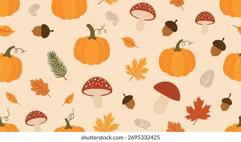 Seamless pattern of various autumn elements including pumpkins, leaves, mushrooms, and acorns on a light background.