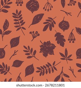 Padrão sem costura com várias folhas de outono e silhuetas de bagas. Ilustração desenhada à mão botânica.	