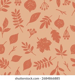 Seamless pattern with various autumn leaves and berries silhouettes. Botanical hand drawn illustration.	