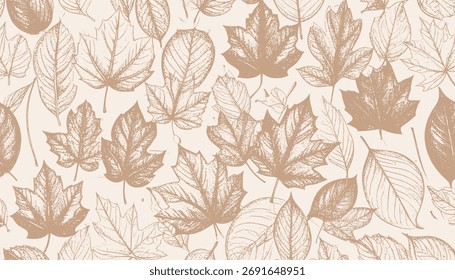 Seamless pattern with various autumn leaves drawn in sketch style on a light background.