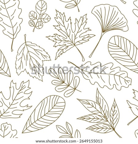 Seamless pattern with various autumn leaves in elegant outline style Delicate botanical line art on white background for eco packaging, wrapping, fall stationery, cards, posters and textile prints