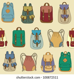 Seamless pattern with various backpacks