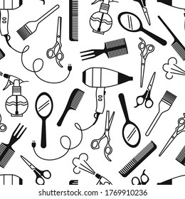 seamless pattern of various Barber tools. linear black-and-white drawing in the Doodle style. can be used to create a monochrome background. stock vector illustration. EPS 10.