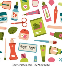 Seamless pattern with various beauty products: moisturizer, sheet mask, cleanser, tonic etc. Cute vector illustration. Korean cosmetics. Beauty procedure, spa and self care concept.
