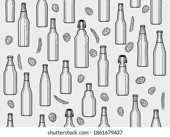 Seamless pattern. Various beer bottles and hops