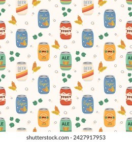 Seamless pattern with various beer types in aluminum cans. Hand drawn colorful beer bottles. Hops and malt pattern.