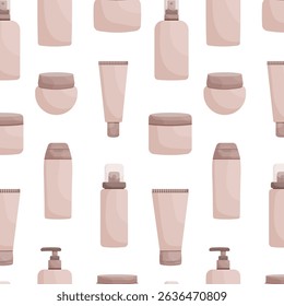 Seamless pattern of various beige cosmetic containers on a white background.
